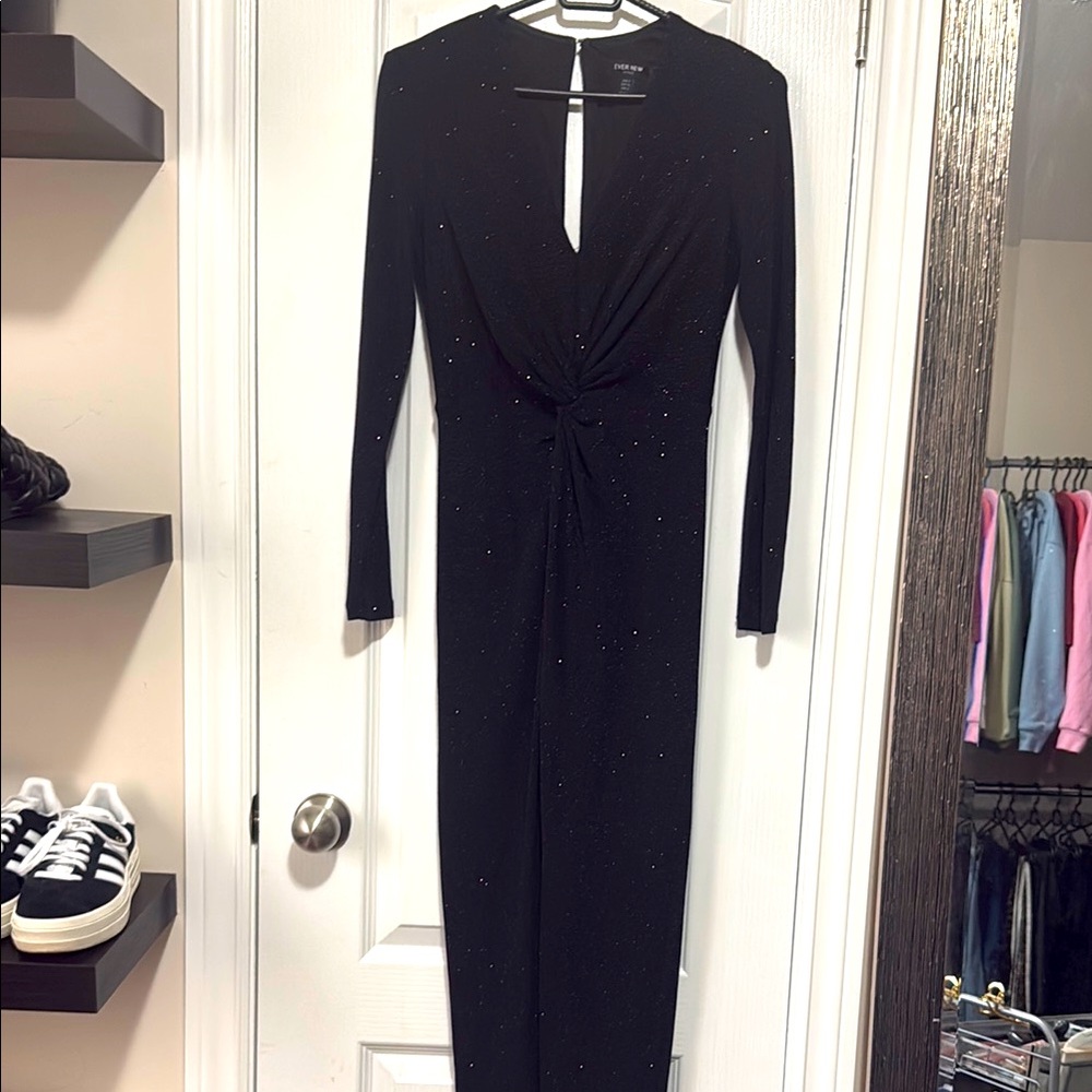 EVER NEW - Black Sparkle Twisted Front Long-Sleeve Dress